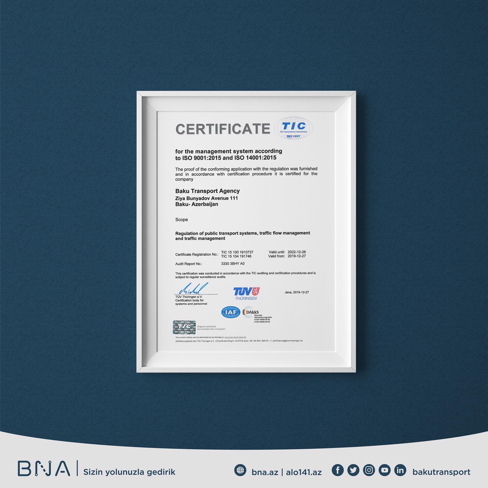 Bakı Nəqliyyat Agentliyi İSO idarəetmə standartı üzrə iki beynəlxalq sertifikat alıb