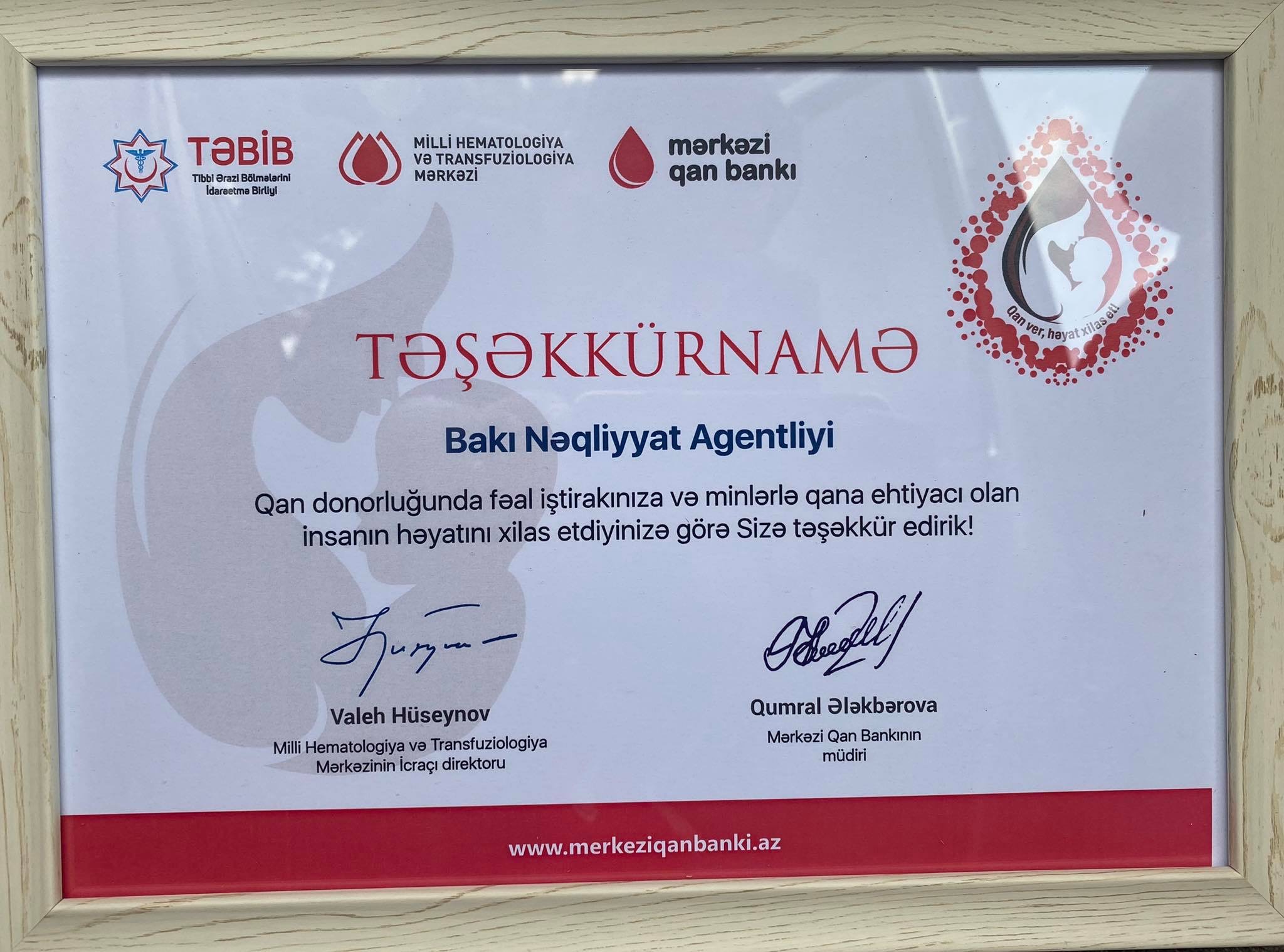 Qan donorluğunda fəal iştirakına görə Bakı Nəqliyyat Agentliyinə Təşəkkürnamə təqdim edilib