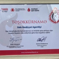 Qan donorluğunda fəal iştirakına görə Bakı Nəqliyyat Agentliyinə Təşəkkürnamə təqdim edilib